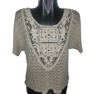 Eclipse Beige Crochet Lace Short Sleeve Boho Top XL